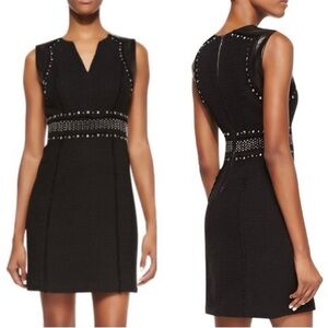 Rebecca Taylor Black Studded Tweed and Leather V-Neck Dress Size 6
